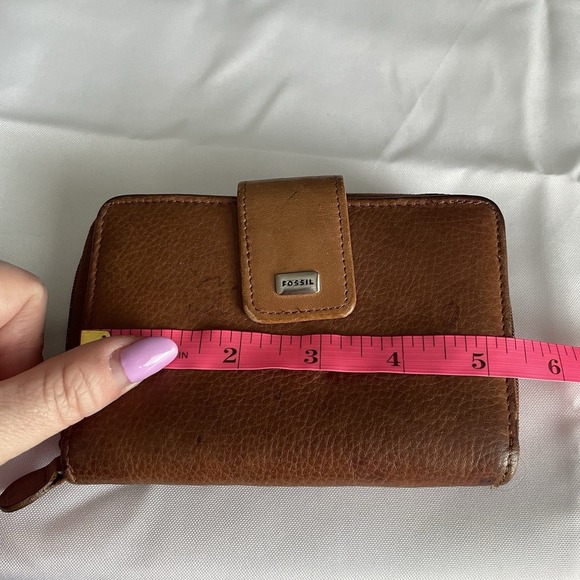 Fossil Caramel Brown Soft Pebbled Leather Wallet Zip & Snap Closure ID Holder - Picture 15 of 16